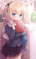 Rule 34 | 1girl, bag, black bow, black jacket, blonde hair, blue eyes, blurry, blurry background, blurry foreground, blush, bow, breasts, brick wall, closed mouth, commentary request, day, depth of field, fringe trim, hair bow, hands up, highres, holding, jacket, long hair, long sleeves, looking at viewer, medium breasts, miyasaka naco, original, outdoors, plaid, plaid skirt, pleated skirt, purple skirt, scarf, school bag, school uniform, skirt, sleeves past wrists, solo, white scarf