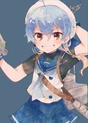 Rule 34 | 1girl, armor, bad id, bad twitter id, blouse, blue background, blue neckerchief, blue sailor collar, dress, flat cap, hair between eyes, hair ornament, hat, itomugi-kun, kantai collection, looking at viewer, neckerchief, peaked cap, ponytail, red eyes, sado (kancolle), sailor collar, school uniform, serafuku, shirt, short dress, sleeveless, sleeveless shirt, smile, solo