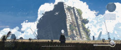Rule 34 | 1girl, asteroid ill, bad id, bad twitter id, building, cloud, cloudy sky, commentary request, crane (machine), day, fake screenshot, grass, green eyes, heads-up display, health bar, highres, iz (asteroid ill), long hair, minimap, neon trim, original, outdoors, ruins, scenery, sky, solo, standing, translated, user interface, very long hair, white hair, wide shot