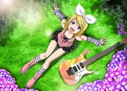Rule 34 | 1girl, blonde hair, blue eyes, grass, guitar, instrument, kagamine rin, lowres, smile, striped, tagme, vocaloid
