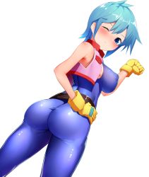 Rule 34 | 1girl, allenby beardsley, ass, bare arms, bare shoulders, belt, blue bodysuit, blue eyes, blue hair, blush, bodysuit, boruhis, breasts, brown belt, closed mouth, commentary request, covered erect nipples, cropped jacket, from behind, from below, g gundam, gloves, gundam, hair between eyes, hand on own hip, hand up, highres, impossible bodysuit, impossible clothes, large breasts, legs apart, looking at viewer, looking back, looking down, one eye closed, open clothes, open vest, pink vest, shiny clothes, shiny skin, short hair, simple background, solo, standing, vest, white background, yellow gloves