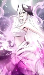 Rule 34 | 1girl, hands up, hel (mythic item obtained), heterochromia, horns, long hair, looking at viewer, moon, mythic item obtained, night, night sky, open mouth, pink eyes, shirt, skirt, sky, smile, solo, very long hair, white hair, white shirt, white skirt, white top