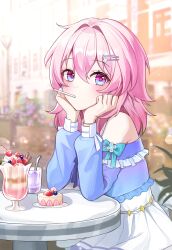 Rule 34 | 1girl, absurdres, bare shoulders, blue eyes, blue shirt, food, hair intakes, hands up, highres, honkai: star rail, honkai (series), ice cream, long sleeves, looking at viewer, march 7th (honkai: star rail), medium hair, mouth hold, off-shoulder shirt, off shoulder, outdoors, pink hair, purple eyes, shirt, skirt, solo, sundae, two-tone eyes, upper body, white skirt, youwon0417