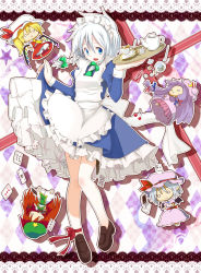 Rule 34 | 1girl, :x, blonde hair, blue eyes, card, character doll, cup, doll, floating card, female focus, flandre scarlet, hat, hong meiling, izayoi sakuya, maid, maid headdress, mitsusaka mitsumi, no socks, o o, patchouli knowledge, playing card, playing games, purple hair, remilia scarlet, silver hair, solo, tea, teacup, teapot, touhou