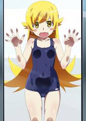 Rule 34 | 1girl, against glass, bare shoulders, blonde hair, blue one-piece swimsuit, blush stickers, breasts, collarbone, covered navel, cowboy shot, fang, flipped hair, gesugesu ahoaho, hair between eyes, hands up, long hair, looking at viewer, monogatari (series), old school swimsuit, one-piece swimsuit, open mouth, oshino shinobu, school swimsuit, shoulder blush, sidelocks, skin fang, small breasts, solo, standing, straight hair, swimsuit, tearing up, very long hair, w arms, yellow eyes