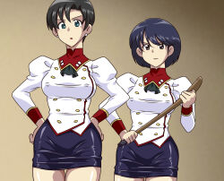 Rule 34 | 2girls, agent aika, aika (series), baton, black hair, blush, breasts, brown eyes, closed mouth, covered erect nipples, delmo, delmogeny uniform, earrings, green eyes, hands on own hips, highres, jewelry, kuroyoshi, large breasts, looking at viewer, military uniform, miniskirt, multiple girls, nina esuko, open mouth, short hair, skirt, smile, uniform, white delmo