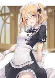 Rule 34 | 1girl, apron, black bow, black bowtie, black dress, blurry, blurry background, blush, bow, bowtie, breasts, chloe (princess connect!), commentary request, cowboy shot, dress, elf, frilled apron, frilled sleeves, frills, garter straps, hair bow, indoors, kyoeiki, looking at viewer, maid headdress, medium breasts, open mouth, pointy ears, princess connect!, short hair, short sleeves, short twintails, solo, teeth, twintails, upper teeth only, v-shaped eyebrows, white apron, wrist cuffs
