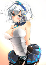 Rule 34 | 1girl, animal ears, arms behind back, bare shoulders, between breasts, blue eyes, blush, breasts, rabbit ears, cleavage, detached collar, headphones, looking at viewer, morochin (mo loss an), necktie, necktie between breasts, oshiro project:re, pantyhose, shikano, shikano (oshiro project), short hair, silver hair, solo, standing, wrist cuffs