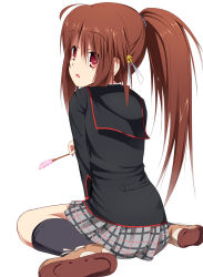 Rule 34 | 1girl, brown hair, cat teaser, from behind, little busters!, long hair, looking back, natsume rin, plaid, plaid skirt, ponytail, red eyes, school uniform, sitting, skirt, toguro (ojui0101), wariza