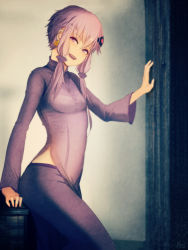 Rule 34 | 1girl, alternate costume, arched back, arm at side, artist name, at2., earrings, eyebrows, hair between eyes, hair ornament, hand up, highres, jewelry, long hair, long sleeves, looking at viewer, pants, purple eyes, purple hair, purple pants, short hair with long locks, side slit, signature, smile, solo, teeth, twintails, vietnamese dress, vocaloid, voiceroid, yuzuki yukari