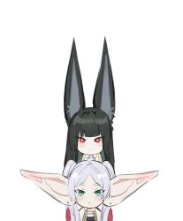 2girls absurdres aqua_eyes black_hair earrings elf frieren grey_hair highres hoshimi_miyabi huge_ears jewelry kurenaiz_(kuayrenaiz) multiple_girls pointy_ears red_eyes simple_background sousou_no_frieren twintails white_background zenless_zone_zero