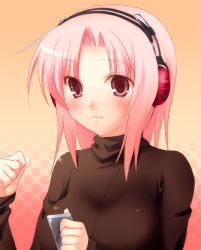 Rule 34 | 1girl, 47agdragon, beige background, blush, cable, digital media player, headphones, long sleeves, looking at viewer, original, pink hair, red eyes, short hair, simple background, solo, upper body
