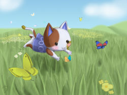 animal_crossing blue_sky bug butterfly grass insect jumping nintendo purrl_(animal_crossing) saint_bree sky