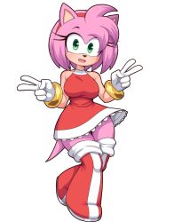 Rule 34 | 1girl, amy rose, blush, body blush, boots, breasts, curvy, double v, dress, fang, furry, furry female, gloves, green eyes, hairband, highres, large breasts, pink hair, sega, shiny skin, simmsy, smile, sonic (series), tail, thick thighs, thighs, v