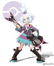 Rule 34 | 1girl, bad id, bad twitter id, bass guitar, blue eyes, boots, creatures (company), dress, forehead, freckles, full body, game freak, gym leader, hair bobbles, hair ornament, highres, instrument, looking at viewer, nintendo, poke ball, poke ball symbol, pokemon, pokemon bw2, roxie (pokemon), sharp teeth, simple background, solo, standing, striped clothes, striped dress, teeth, tellzeta, topknot, white background, white hair