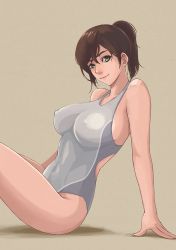 Rule 34 | 1girl, breasts, brown hair, closed mouth, competition swimsuit, covered erect nipples, green eyes, large breasts, looking at viewer, one-piece swimsuit, original, ponytail, short hair, short ponytail, sitting, smile, solo, swimsuit, tomoshiki