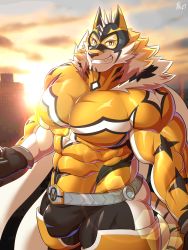 Rule 34 | 1boy, abs, animal ears, bara, beige fur, bulge, covered abs, facial hair, furry, furry male, goatee, highres, keijimohumohu, large bulge, large pectorals, live a hero, looking at viewer, male focus, mask, muscular, muscular male, nipples, orange fur, pectorals, ryekie (live a hero), sharp teeth, smile, solo, stomach, sunrise, teeth, thick thighs, thighs, tiger boy, tiger ears, two-tone fur
