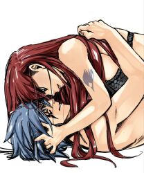 Rule 34 | 1boy, 1girl, arm tattoo, black bra, blue hair, bra, brown eyes, couple, erza scarlet, eye contact, facial mark, fairy tail, girl on top, grin, hair down, hetero, jellal fernandes, lipstick, long hair, looking at another, lying, makeup, mashima hiro, on back, parted lips, red hair, short hair, simple background, smile, spiked hair, tattoo, teeth, topless, topless male, underwear, white background