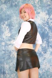 Rule 34 | cosplay, dealer, highres, leather, midriff, miniskirt, pachi-slot sengen rio de carnival, photo (medium), pink hair, skirt, vest, yun (model)