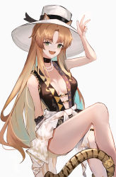 Rule 34 | 1girl, :d, animal ears, arknights, bare arms, bare legs, black choker, black ribbon, blonde hair, breasts, cat ears, cat girl, cat tail, choker, cleavage, ema (kuguiema), fang, green eyes, hat, hat ribbon, highres, jewelry, long hair, long neck, medium breasts, necklace, open mouth, ribbon, simple background, sitting, skin fang, smile, solo, sun hat, swire (arknights), tail, very long hair, w, white background, white hat