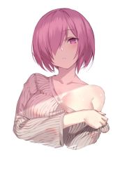 Rule 34 | 1girl, bare shoulders, blush, breasts, cleavage, collarbone, fate/grand order, fate (series), grey shirt, hair over one eye, highres, large breasts, light purple hair, long sleeves, looking at viewer, mash kyrielight, medium breasts, parted lips, purple eyes, purple hair, shirt, short hair, simple background, solo, spider apple, upper body, white background