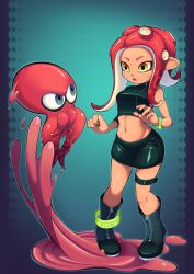 Rule 34 | 1girl, absurdres, agent 8 (splatoon), black footwear, black shirt, black skirt, boots, breasts, full body, highres, long hair, medium breasts, midriff, miniskirt, navel, nintendo, octoling, octoling girl, octoling player character, open mouth, phonixlight, pointy ears, red hair, shirt, skirt, sleeveless, sleeveless shirt, splatoon (series), splatoon 2, splatoon 2: octo expansion, standing, stomach, suction cups, tentacle hair, thigh strap, thighs, yellow eyes, zipper