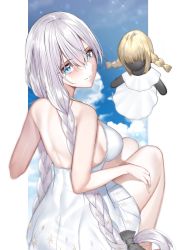 Rule 34 | 1girl, absurdres, anastasia (fate), anastasia (swimsuit archer) (fate), anastasia (swimsuit archer) (second ascension) (fate), back, bare shoulders, blue eyes, blush, bow, braid, breasts, doll, dress, dress swimsuit, fate/grand order, fate (series), flower wreath, hair bow, hair over one eye, hairband, head wreath, highres, large breasts, long hair, looking at viewer, looking back, mairudo (mildcoffee1117), silver hair, sitting, thighs, twin braids, very long hair, viy (fate), white dress