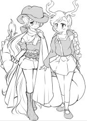 Rule 34 | 1980s (style), 2girls, antlers, bad id, bad twitter id, blush, boots, cape, closed mouth, cowboy boots, cowboy hat, cowboy western, dragon girl, dragon horns, dragon tail, dress, greyscale, hair over one eye, hat, highres, horns, horse girl, horse tail, kicchou yachie, kurokoma saki, long hair, mary janes, monochrome, multicolored clothes, multicolored dress, multiple girls, oldschool, pleated skirt, ponytail, retro artstyle, shirt, shoes, short dress, short hair, short sleeves, sketch, skirt, socks, tail, takemoto izumi (style), touhou, turtle shell, very long hair, yatyou