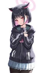 Rule 34 | 1girl, absurdres, animal ears, black hair, black pantyhose, blue archive, cat ears, colored inner hair, hair ornament, hairclip, halo, highres, hood, hood down, hooded jacket, jacket, kazusa (blue archive), long sleeves, looking at viewer, multicolored hair, ncontrail (mgax7527), neckerchief, pantyhose, pink hair, pink neckerchief, pleated skirt, red eyes, short hair, sidelocks, simple background, skirt, solo, white background, white skirt