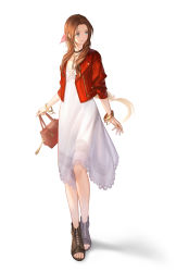 Rule 34 | 1girl, absurdres, aerith gainsborough, alternate costume, bag, blue eyes, boots, bow, bracelet, brown footwear, brown hair, dress, final fantasy, final fantasy vii, full body, hair bow, handbag, highres, jacket, jewelry, long hair, mt (ringofive), necklace, toeless footwear, pink bow, red jacket, smile, solo, standing, toeless footwear, toes, white background, white dress