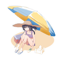 Rule 34 | 1girl, :o, alternate costume, alternate hairstyle, bags under eyes, bare arms, bare legs, beach umbrella, bikini, black eyes, black hair, blue archive, blush, breasts, cleavage, collarbone, cooler, folded ponytail, frilled bikini, frills, full body, hat, highres, knees up, long hair, looking at viewer, ochiaki, purple bikini, sand, sand castle, sand sculpture, sandals, sitting, small breasts, solo, straw hat, swimsuit, trowel, ui (blue archive), umbrella