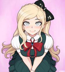 Rule 34 | 1girl, afrobull, bead bracelet, beads, black bow, blonde hair, blush, bow, bowtie, bracelet, braid, breasts, closed eyes, commentary, danganronpa (series), danganronpa 2: goodbye despair, dress, eyelashes, facing viewer, from above, gem, hair bow, jewelry, long hair, looking at viewer, looking up, medium breasts, pinafore dress, pink background, pink eyes, puffy short sleeves, puffy sleeves, seiza, shirt, short sleeves, simple background, sitting, sleeveless dress, smile, solo, sonia nevermind, swept bangs, v arms, very long hair, white shirt