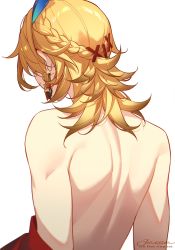 Rule 34 | 1boy, back, back focus, blonde hair, braid, commentary, earrings, english commentary, feather hair ornament, feathers, from behind, genshin impact, hair ornament, hairclip, highres, jesse (pixiv34586727), jewelry, kaveh (genshin impact), male focus, nude, shoulder blades, signature, simple background, solo, upper body, white background, x hair ornament