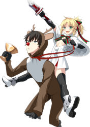 Rule 34 | 1boy, 1girl, :d, alternate costume, animal costume, antlers, black bra, black gloves, black hair, blonde hair, blush, bra, breasts, capelet, chalice, clarent (fate), cosplay, cup, elbow gloves, fake antlers, fang, fate/apocrypha, fate/grand order, fate (series), fur trim, gloves, green eyes, hair ribbon, horns, jeanne d&#039;arc (fate), jeanne d&#039;arc (ruler) (fate), jeanne d&#039;arc alter (fate), jeanne d&#039;arc alter santa lily (fate), jeanne d&#039;arc alter santa lily (fate) (cosplay), mordred (fate), mordred (fate/apocrypha), open mouth, ponytail, red nose, reindeer antlers, reindeer costume, ribbon, riding, shiseki hirame, short hair, short ponytail, short sword, sitting, small breasts, smile, spiked hair, sword, underwear, weapon