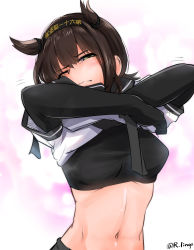 Rule 34 | 1girl, bad id, bad twitter id, blush, breasts, brown hair, covered erect nipples, green eyes, hachimaki, hatsuzuki (kancolle), headband, highres, kantai collection, lingerie (aki3240), medium breasts, navel, one eye closed, short hair, solo, steaming body, undressing
