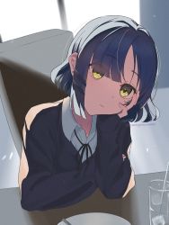 Rule 34 | 1girl, arms on table, black bow, black bowtie, black jacket, blue hair, bocchi the rock!, bow, bowtie, chair, closed mouth, collarbone, collared shirt, commentary, glass, hair between eyes, hair ornament, hairpin, hand on own arm, hand on own cheek, hand on own face, head tilt, highres, indoors, jacket, long sleeves, looking at viewer, mole, mole under eye, plate, shirt, short hair, sitting, solo, swept bangs, twitter username, white shirt, yamada ryo, yamagamiamami, yellow eyes
