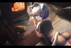 Rule 34 | 1girl, absurdres, amanun, animal ears, ass, blue eyes, carpet, casual, commentary request, copyright name, cup, ears down, furnace, grey hair, hair ornament, highres, horse ears, horse girl, horse tail, letterboxed, log, looking at viewer, lying, on stomach, seiun sky (umamusume), short hair, shorts, solo, tail, umamusume
