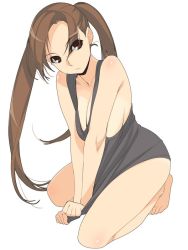 Rule 34 | 1girl, breasts, brown eyes, brown hair, cleavage, ino (magloid), jpeg artifacts, kneeling, kousaka rino, long hair, looking at viewer, otome function, simple background, solo, twintails, white background