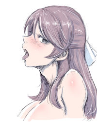 Rule 34 | 1girl, blush, brave witches, breasts, brown eyes, brown hair, cleavage, cropped arms, cropped torso, from side, hair ribbon, karibuchi takami, large breasts, liar lawyer, long hair, looking at viewer, open mouth, ribbon, simple background, sketch, solo, tongue, tongue out, topless, white background, white ribbon, world witches series