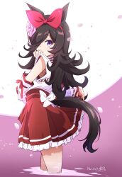 Rule 34 | 1girl, animal ears, back bow, black hair, bow, clothes lift, dated, detached sleeves, flower, frilled skirt, frills, from side, hair bow, hair flower, hair ornament, hair over one eye, hand on own cheek, hand on own face, highres, horse ears, horse girl, horse tail, japanese clothes, lifted by self, long hair, looking at viewer, looking back, miko, nii manabu, petals, pleated skirt, purple eyes, red bow, red skirt, ribbon-trimmed sleeves, ribbon trim, rice shower (umamusume), signature, skirt, skirt lift, smile, solo, tail, umamusume, wading, white bow