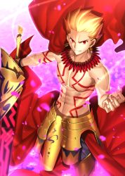 Rule 34 | 1boy, armor, blonde hair, chietori, ea (fate/stay night), earrings, fate/stay night, fate (series), gilgamesh (fate), holding, holding sword, holding weapon, jewelry, looking at viewer, male focus, navel, red eyes, smile, solo, sword, topless male, weapon