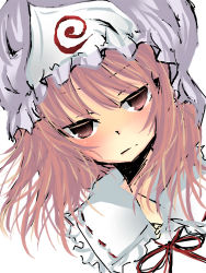 Rule 34 | 1girl, blush, closed mouth, female focus, frills, hat, looking at viewer, lowres, mob cap, pink hair, red eyes, red ribbon, ribbon, ribbon-trimmed collar, ribbon trim, saigyouji yuyuko, short hair, simple background, solo, touhou, triangular headpiece, upper body, white background