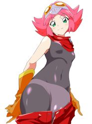 Rule 34 | 10s, 1girl, bare shoulders, black bodysuit, bodystocking, bodysuit, clothes pull, covered navel, gloves, green eyes, head tilt, looking at viewer, mask, mask on head, open clothes, open shorts, orange gloves, panties, penne (zoids wild), red scarf, red shorts, scarf, short hair, shorts, shorts pull, simple background, smile, solo, umanosuke, underwear, undressing, white background, white panties, zoids wild