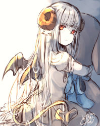 Rule 34 | 1girl, animal ears, black wings, blue bow, bow, chita (ketchup), curled horns, demon girl, demon horns, demon tail, demon wings, dress, horns, long hair, looking at viewer, looking back, mini wings, hugging object, original, puffy short sleeves, puffy sleeves, red eyes, short sleeves, signature, silver hair, sketch, solo, stuffed animal, stuffed rabbit, stuffed toy, tail, very long hair, white dress, wings