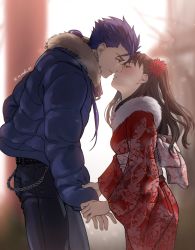 Rule 34 | 1boy, 1girl, alternate costume, blue hair, brown hair, chain, commentary request, couple, cu chulainn (fate), cu chulainn (fate/stay night), earrings, fate/stay night, fate (series), floral print, flower, from side, hair flower, hair ornament, hetero, highres, holding hands, imminent kiss, japanese clothes, jewelry, kimono, long hair, mondi hl, pants, ponytail, red eyes, red flower, tohsaka rin, twitter username