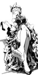 Rule 34 | 1girl, breasts, closed mouth, dress, dutch angle, feet, foot focus, foreshortening, frilled dress, frills, greyscale, hat, hat ribbon, high heels, highres, holding, holding shoes, large breasts, crossed legs, long sleeves, looking at viewer, monochrome, one eye closed, perspective, mob cap, puffy long sleeves, puffy sleeves, ribbon, ruukii drift, seductive smile, unworn shoe, shoes, unworn shoes, simple background, single shoe, sitting, smile, soles, solo, thighhighs, toes, touhou, white background, yakumo yukari