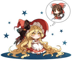 Rule 34 | 1girl, absurdly long hair, alternate color, apron, ascot, bare shoulders, blonde hair, blue background, blush, bow, brown bow, brown eyes, brown hair, closed mouth, detached sleeves, dress, eyes visible through hair, frills, hair between eyes, hair bow, hair ornament, hair tubes, hakurei reimu, hat, hat bow, hat ornament, kirisame marisa, kirisame marisa (witch of scarlet dreams), long hair, long sleeves, looking at viewer, looking up, piyokichi, puffy short sleeves, puffy sleeves, red bow, red dress, red footwear, red hat, shoes, short sleeves, sitting, socks, solo, star (symbol), star hat ornament, starry background, thinking, touhou, touhou lostword, very long hair, white apron, white background, white bow, white sleeves, white socks, witch hat, yellow ascot, yellow eyes
