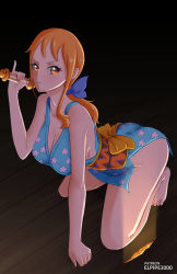 Rule 34 | 1girl, all fours, alternate costume, arm support, ass, blue dress, breasts, dress, elpipe 3000, holding, holding weapon, japanese clothes, kneeling, kunoichi, large breasts, long hair, looking at viewer, low ponytail, nami (one piece), nami (one piece) (wano), official alternate costume, one piece, orange hair, revealing clothes, very long hair, weapon, wide hips