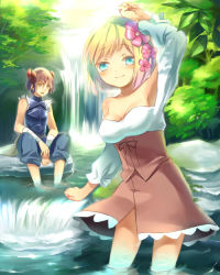 Rule 34 | 1boy, 1girl, armpits, bad id, bad pixiv id, bare shoulders, blonde hair, blush, breasts, brown hair, cleavage, contrapposto, flower, forest, hair flower, hair ornament, hamamo, long hair, long sleeves, nature, original, overalls, plant, river, short hair, spread legs, standing, tree, wading, water, waterfall