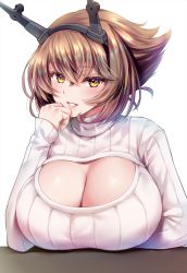 Rule 34 | 1girl, arm under breasts, breasts, brown hair, casual, claret (claret cardinal), cleavage, cleavage cutout, clothing cutout, grin, hair between eyes, hand to own mouth, headgear, highres, kantai collection, large breasts, long sleeves, looking at viewer, mutsu (kancolle), ribbed sweater, short hair, simple background, sitting, smile, solo, sweater, turtleneck, turtleneck sweater, white background, white sweater, yellow eyes